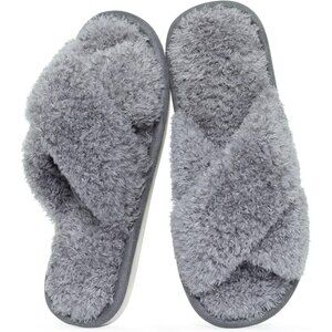 Women's Cherry Velvet Grey Fuzzy Cross Band Memory Foam Open-Toe House Slippers
